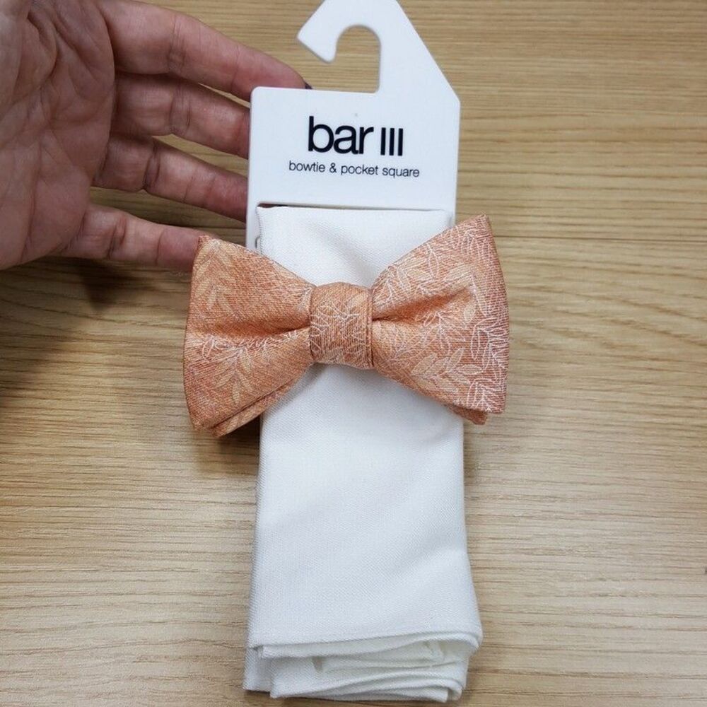 BAR III Mens Melon Orange Floral Textured Bow Tie + White Pocket Square Set